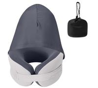 Luxvara Oreiller de Voyage, Coussin Avion Cou, Repose Tete Avion, Forme de U Coussin Nuque avec Capuche Bande Scratch Réglable avec Sac de Rangement pour Voiture, Train, Bureau (Taux D'ombrage 80%)