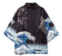 Luxylei Kimono Cardigan pour Hommes Vestes japonaises Casual Mélanges de Coton Manteau Avant Ouvert Wave Carp Print Linen Yukata Vêtements Traditionnels du Japon