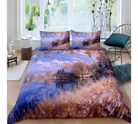 LUYAPOND Cottage avec Vue sur Le Lac Housse de Couette 240 x 260 Adulte Prune à La Automne Parure de Lit 240 x 260 Adulte Microfibre avec 1 Housse Couette + 2 Taie d'oreiller 65x65 cm
