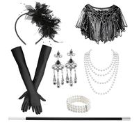 LUYIEDHA 7PCS Accessori Anni 20 Donna, Great Gatsby Accessoires Set, Comprend coiffe, gants, collier, cape, Costume Gatsby, Robe Charleston pour Soirée à Thème pour Halloween, Noël,Mardi Gras (Noir A)