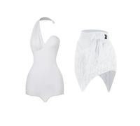 LUYSGBXR Latin American Dance Performance Clothes Bodysuit Line Fringe Tassle Skirt Women Cha Rumba Costume Practice Wear(White Top Skirt,S)