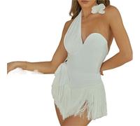 LUYSGBXR Latin American Dance Performance Clothes Bodysuit Line Fringe Tassle Skirt Women Cha Rumba Costume Practice Wear(WTTopSkirFlower,L)