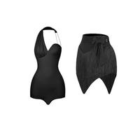 LUYSGBXR Latin American Dance Performance Clothes Bodysuit Line Fringe Tassle Skirt Women Cha Rumba Costume Practice Wear(Black Top Skirt,M)