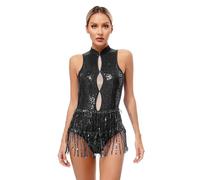 LUYSGBXR Women Latin Dance Dress Sleeveless Shiny Sequin Fringed Leotard Dresses Ballroom Dancing Tango Cha-cha Rumba Performance Costume(Black3,XL)