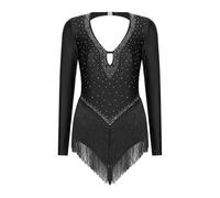 LUYSGBXR Women Latin Tango Dance Costume Shiny Rhinestones V-Neck Tassel Leotard Bodysuit Cha Samba Performance Competition Dress(Black2,XL)