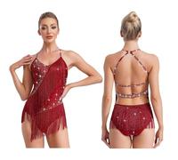 LUYSGBXR Women Sleeveless Halter Neck Latin Tango Dance Dress with Rhinestones Backless Tassels Patchwork Leotard Gymnastic Skating(Color A,XL)