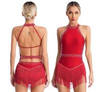 LUYSGBXR Women Sleeveless Halter Neck Latin Tango Dance Dress with Rhinestones Backless Tassels Patchwork Leotard Gymnastic Skating(Color2,S)