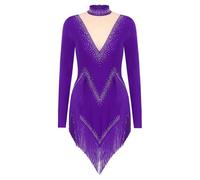 LUYSGBXR Women Tango Leotard Dresses Tassel Dancewear Fringe Cha Ballroom Costume Long Sleeve Samba Latin Dance Fringed Bodysuit(Purple,L)
