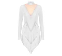 LUYSGBXR Women Tango Leotard Dresses Tassel Dancewear Fringe Cha Ballroom Costume Long Sleeve Samba Latin Dance Fringed Bodysuit(White,XL)