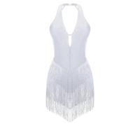 LUYSGBXR Women Tassel Latin Dance Leotard Dress Fringed Gymnastics Bodysuit Rhinestone Dancewear Skating Ballroom Tango Chacha Costume(White,S)
