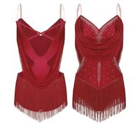 LUYSGBXR Women's Mesh Tassel Latin Tango Dance Leotard Dress Ruched Drapes Glittery Rhinestones Adjustable Straps Cutout Fringed Bodysuit(Wine Red,L)