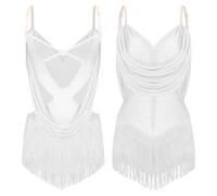 LUYSGBXR Women's Mesh Tassel Latin Tango Dance Leotard Dress Ruched Drapes Glittery Rhinestones Adjustable Straps Cutout Fringed Bodysuit(Color 1,XX-Large)