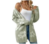 LUYYBDBG Pull Femme Manteau Tricoté Ample À Manches Longues Et Col en V pour Femme, Cardigan Ouvert Mi-Long, Bloc De Couleurs, Design Floral, Automne Hiver-Vert Clair-s