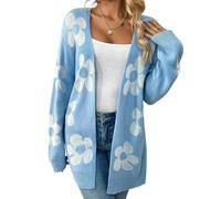 LUYYBDBG Pull Femme Manteau Tricoté Ample À Manches Longues Et Col en V pour Femme, Cardigan Ouvert Mi-Long, Bloc De Couleurs, Design Floral, Automne Hiver-Bleu-l