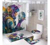 LUYYSKY Beau rideau de douche astronautes fantastiques, peinture à l'huile colorée, galaxie, planète, fleurs, ensembles de décoration de salle de bain avec tapis, ensemble de rideau de douche pour