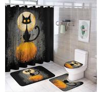 LUYYSKY Ensemble de 4 rideaux de douche avec tapis antidérapants, housse de couvercle de toilette et tapis de bain Motif chat noir amusant Motif chat noir