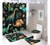 LUYYSKY Ensemble de 4 rideaux de douche colorés avec motif dinosaure du milieu du siècle, plantes tropicales de dessin animé, jungle dinosaure, animaux sauvages, tapis de bain avec tapis antidérapant