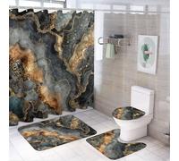 LUYYSKY Ensemble de 4 rideaux de douche en marbre abstrait coloré, moderne, rustique, encre noire, or, texture géométrique, ensemble de salle de bain en marbre de luxe avec tapis antidérapant, housse