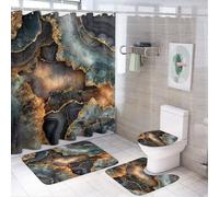 LUYYSKY Ensemble de 4 rideaux de douche en marbre abstrait coloré, rustique moderne, encre noire dorée, texture géométrique, ensemble de salle de bain en marbre de luxe avec tapis antidérapant, housse