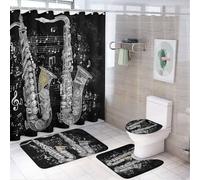 LUYYSKY Ensemble de 4 rideaux de douche minimalistes abstraits, saxophone rustique, notes sur le thème de la musique, instruments de jazz, tapis de bain avec tapis antidérapant, housse de couvercle de