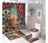 LUYYSKY Ensemble de 4 rideaux de douche réalistes abstraits, billets de maïs soufflé rustiques rétro sur le thème du cinéma avec tapis antidérapant, housse de couvercle de toilette et tapis de bain