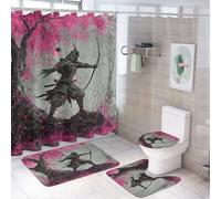 LUYYSKY Ensemble de 4 rideaux de douche rétro samouraï à peinture à l'huile, motif fleurs de cerisier japonais, encre florale, manga, samouraï avec tapis antidérapant, housse pour abattant de toilette