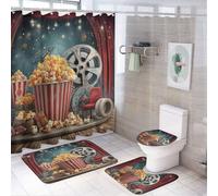 LUYYSKY Ensemble de rideau de douche réaliste abstrait cinéma, rétro rustique billets de maïs soufflé sur le thème du cinéma, ensemble de décoration de salle de bain avec tapis, ensemble de rideau de