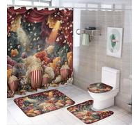 LUYYSKY Ensemble de rideau de douche rustique abstrait cinéma, rétro réaliste billets de maïs soufflé sur le thème du cinéma, ensemble de décoration de salle de bain avec tapis, ensemble de rideau de