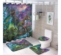 LUYYSKY Ensemble de rideau de douche vintage fantaisie avec motif dinosaure, forêt du milieu du siècle, chauve-souris, dinosaure, animaux sauvages, décoration de salle de bain avec tapis, ensemble de