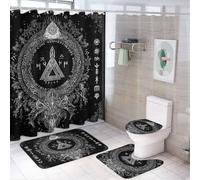 LUYYSKY Lot de 4 rideaux de douche rétro magiques avec boussole nordique mystérieuse et rustique, symbole viking avec tapis antidérapant, housse de couvercle de toilette et tapis de bain