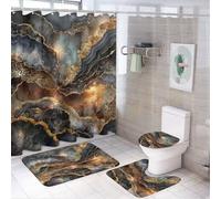 LUYYSKY Lot de 4 rideaux de douche rustiques en marbre coloré, texture géométrique moderne abstraite, encre noire et dorée, ensemble de salle de bain en marbre de luxe avec tapis antidérapant, housse
