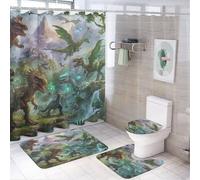 LUYYSKY Lot de 4 rideaux de douche vintage fantaisie dinosaure, milieu du siècle coloré de la jungle, chauve-souris, dinosaure, animaux sauvages avec tapis antidérapants, housse de couvercle de