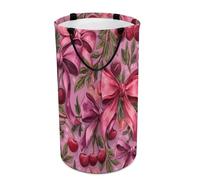 LUYYSKY Panier à linge polyvalent avec joli nœud rose rétro, panier à linge moderne, mignon, fruits, feuilles vert cerise, cœur, grande capacité, panier de salle de bain avec poignée