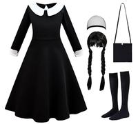 Luzlen Costume noir pour filles avec perruque et chaussettes - Robe de famille pour enfants - Tenue d'Halloween et de costumade - Noir, 2 à 3 ans (étiquette 100)
