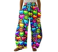 LuzoyaoLZY Pantalon Femme Hippie Taille Haute Élastique Imprimé Rétro Psychédélique Paix Amour avec Poches Coupe Large Coloré Bohème