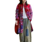 LUZU JUNU Manteau long en coton et lin pour femme - Imprimé floral - Style patchwork - Style bohème unique, rose, Large