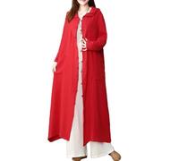 LUZU JUNU Trench-coat en coton et lin à capuche pour femme - Manches longues - Grenouille chinoise - Avec poche, Rouge, taille unique