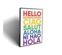 Lvalogy Hello in Different Languages Rainbow Stacked Print Framed Art Mural | Cadre PS, châssis bois massif, toile imprimée, déco salon/chambre08x12inch