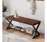 LVB Banc Entrée 120Cm Industriel Bois Métal Rangement Chêne Noyer | Banc Cadre Mixte Stable Rangement Caché Entrée Chambre Déco Rustique Meuble Compact Pratique Usage Quotidien