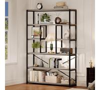 LVB Bibliothèque industrielle à 6 niveaux, grande bibliothèque ouverte rustique vintage, étagère à livres en bois et métal gris moderne pour ferme en bois de chêne clair, grande pour la chambre, le