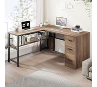 LVB Bureau d'ordinateur en Forme de L avec tiroirs, Bureau d'angle réversible en Bois et métal avec armoires de Rangement, Grande Table de Jeu exécutive avec étagères pour Le Travail, chêne Rustique,
