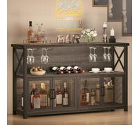 LVB Meuble de bar à vin industriel pour liqueurs et verres, buffet moderne avec support de rangement, bar rustique pour la maison, la cuisine, la salle à manger, le salon, chêne gris foncé, 119,4 cm