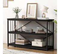 LVB Table Console d'Entrée Rustique en Bois et Métal Meuble 3 Étagères pour Derrière Canapé Style Industriel Table d'Entrée pour Couloir Console Meuble de Hall Bibliothèque Vintage Brun Noir 120cm