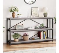 LVB Table console industrielle de style ferme, table d'entrée en bois et métal avec rangement, 3 niveaux de long, table d'entrée rustique avec étagères pour maison, salon, couloir, chêne gris clair
