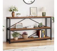 LVB Table console industrielle, table de canapé rustique en bois métallique avec rangement, 3 étagères de style rustique pour couloir, hall d'entrée, pour maison, salon, entrée, marron rustique, 140