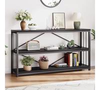 LVB Table console noire, table d'entrée moderne pour couloir, salon, table de canapé industriel, table d'entrée en bois et métal de style rustique pour foyer avec 3 étagères de rangement, chêne noir,