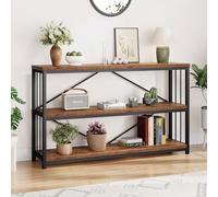 LVB Table console rustique, table de canapé d'entrée en bois et métal, table d'entrée moderne avec rangement derrière le canapé, table d'entrée à 3 niveaux pour la maison, le salon, marron rustique