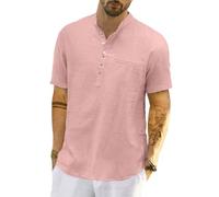 LVCBL Hommes Casual Coton Lin Manches Courtes Henley Chemise Été Léger Col Banded Haut Plage Hauts M-3XL, Rose, M