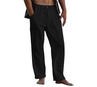 LVCBL Hommes Lin Pantalon Casual Cordon D'Été Plage Pantalon Accueil Noir L
