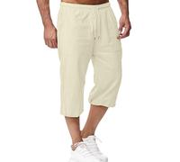 LVCBL Short en Lin pour Homme - Longueur 3/4 - Pantalon d'été - pour la Plage, Le Yoga, Le Jogging - Décontracté, Beige, L